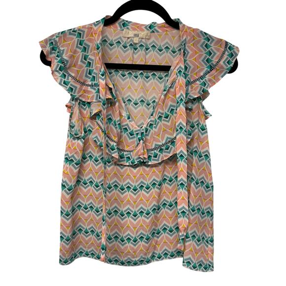 Paloma Blue Sophia Blouse Top Geometric Flutter Sleeve Tie V Neck Size Small - Picture 1 of 9